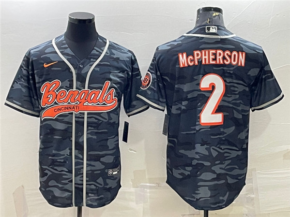 Men's Cincinnati Bengals #2 Evan McPherson Gray Camo With Patch Cool Base Stitched Baseball Jersey - Click Image to Close